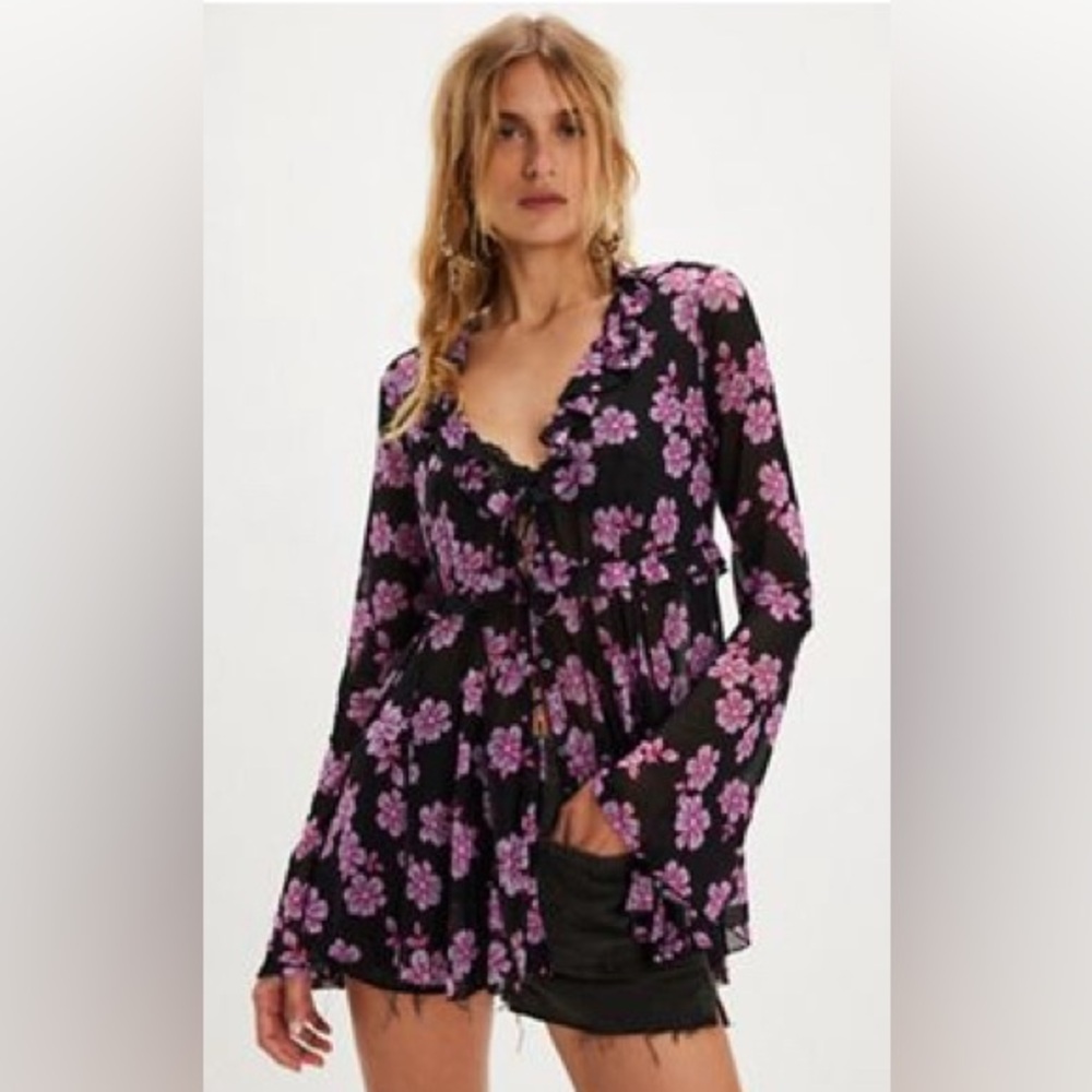 Free People Floral Black and Purple Sheer Ruffle Top
